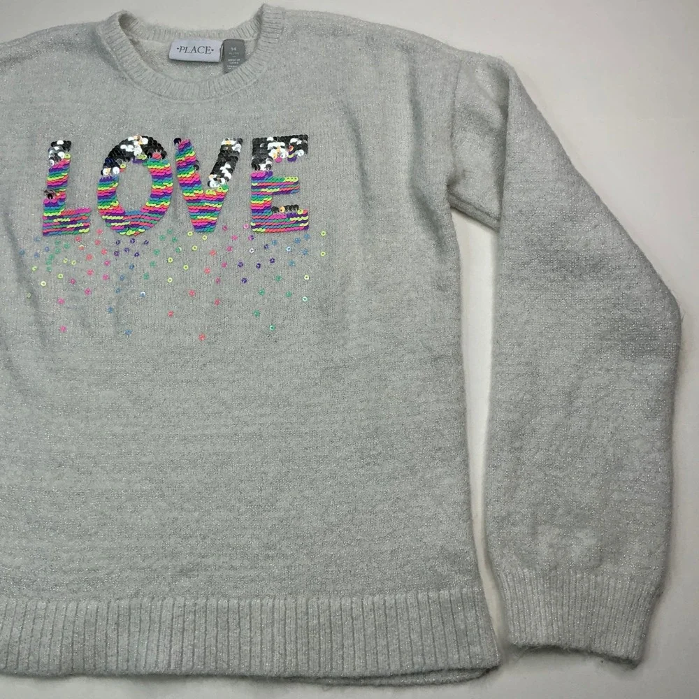 The Children's Place Grey Shimmer LOVE Sweater Girls Size 14 XL Rainbow Sequin